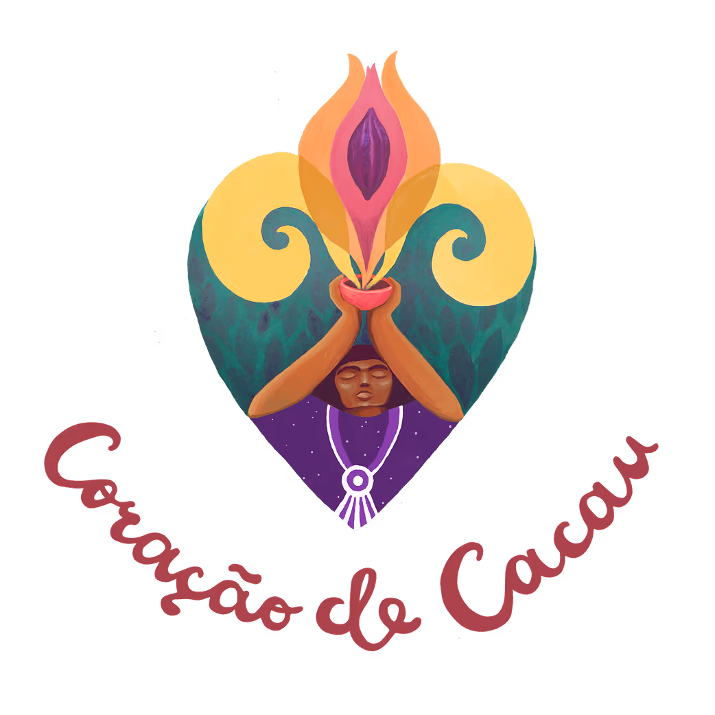 Illustration of a person with closed eyes holding a bowl from which a stylized flame or flower emerges, set within a heart shape with decorative swirls, and the text 'Coração de Cacau' curved below.