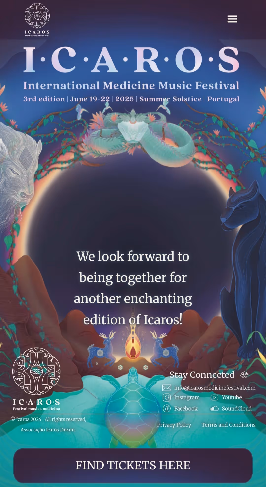 Promotional poster for I.C.A.R.O.S International Medicine Music Festival, 3rd edition, June 19-22, 2025 in Portugal, featuring mystical animals and nature-inspired artwork.
