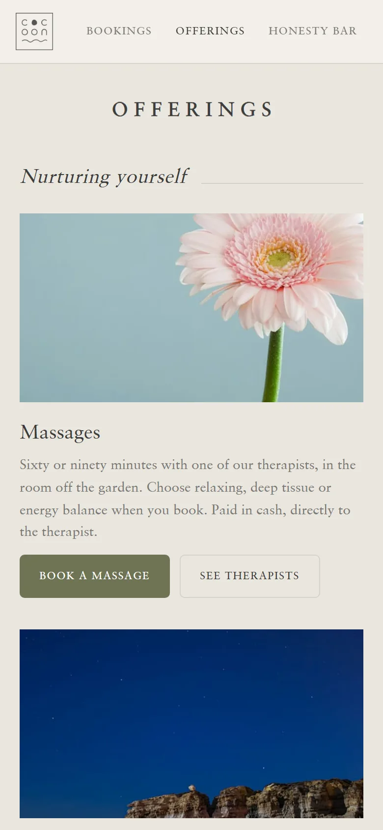 Cocoon Onsite on a phone: the offerings, starting with massages.