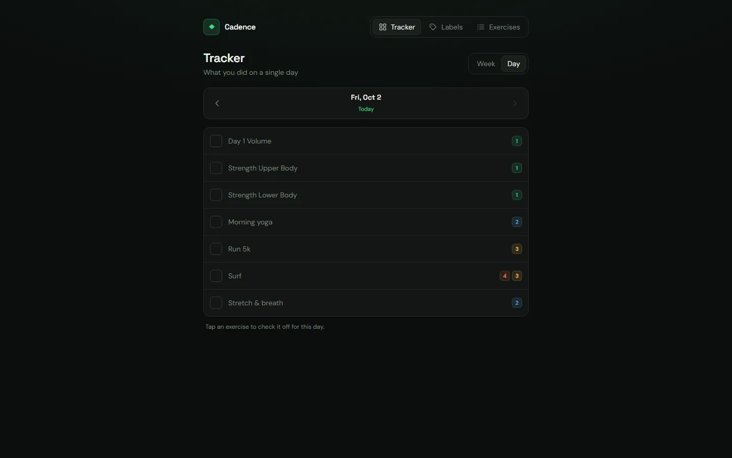 Cadence on a computer: one day, with each exercise to tick.