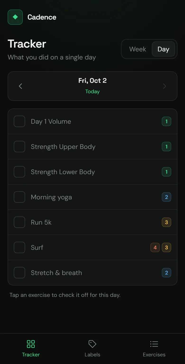 Cadence on a phone: today's list, ready to tick.