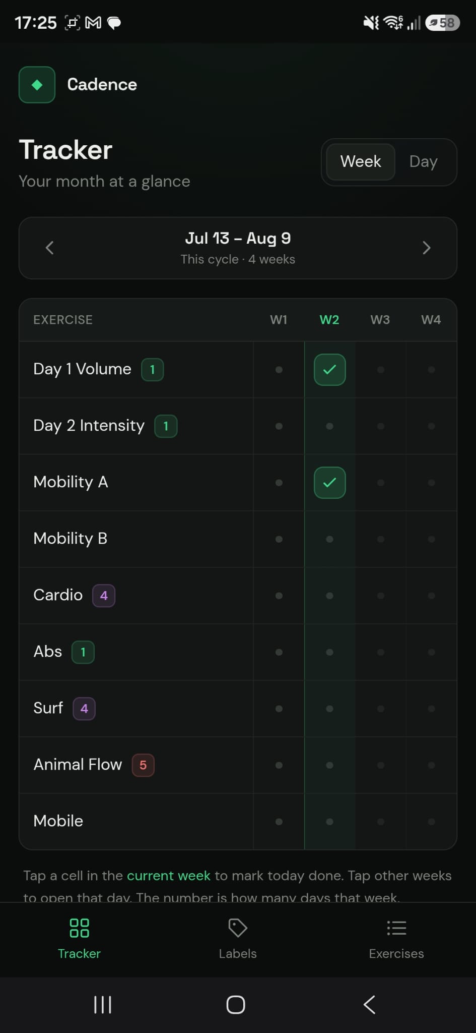 Cadence Week view: a 4-week grid of exercises with days marked off per week.
