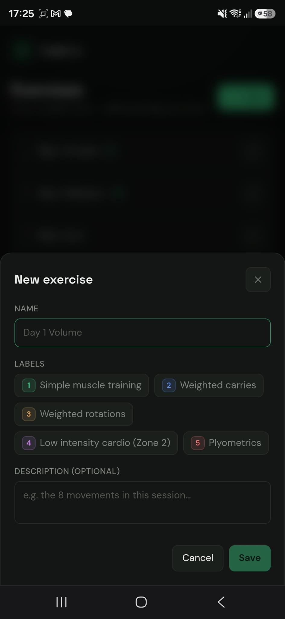 Cadence New exercise screen: a name field and selectable labels like Simple muscle training and Plyometrics.