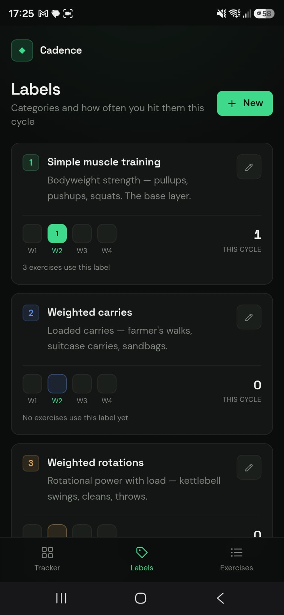 Cadence Labels screen: custom categories with descriptions and per-cycle counts.