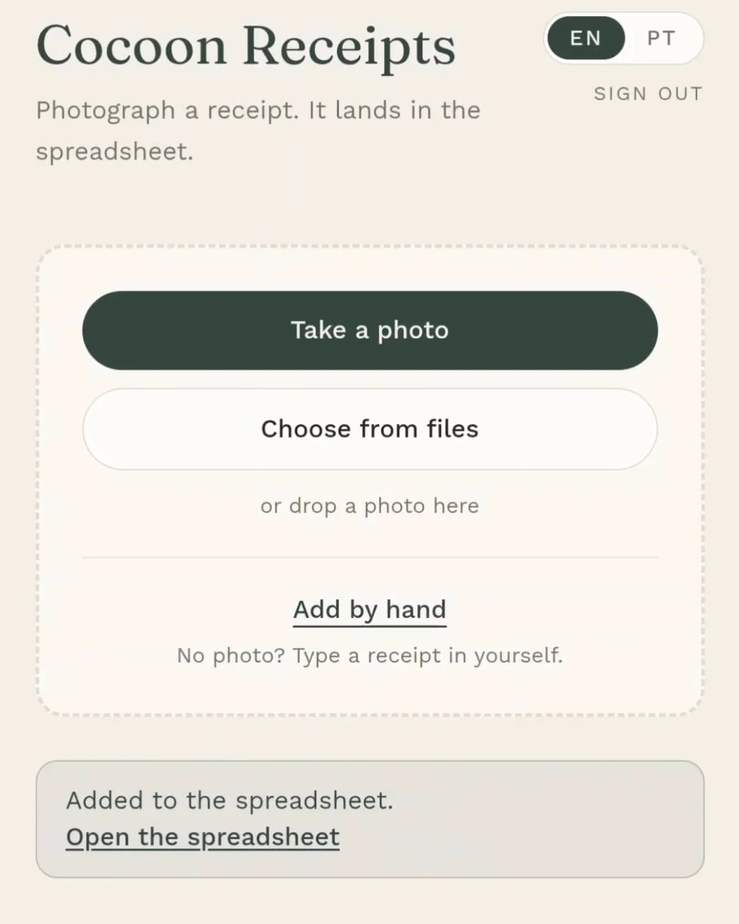 Cocoon Receipts: take a photo of a receipt, or add it by hand.