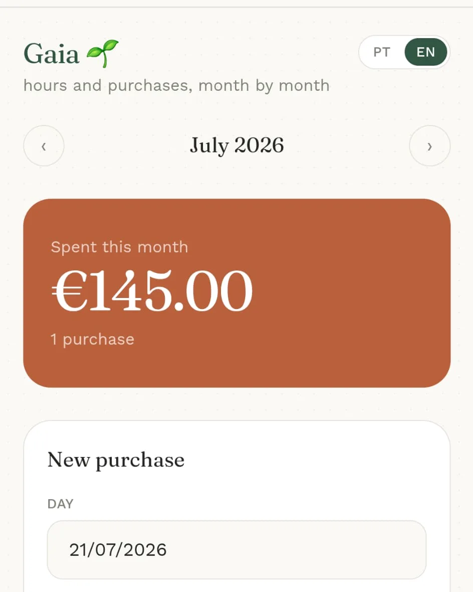 Gaia: the month’s spending in the store’s colours, above the form for a new purchase.