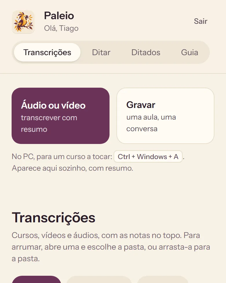 Paleio on a phone, with made-up transcripts: the buttons to transcribe or record, and the transcripts sorted into folders.