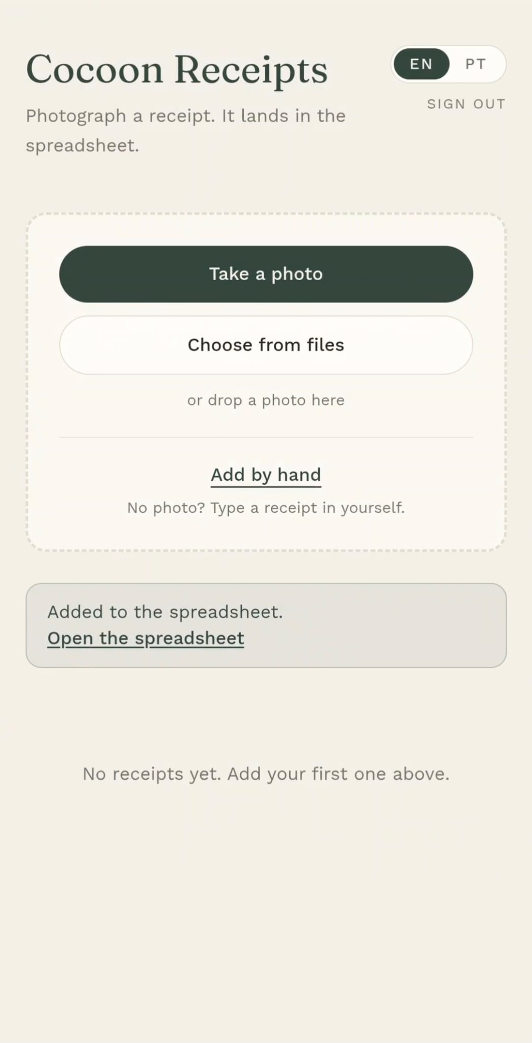 Cocoon confirmation: Added to the spreadsheet, with a link to open it.