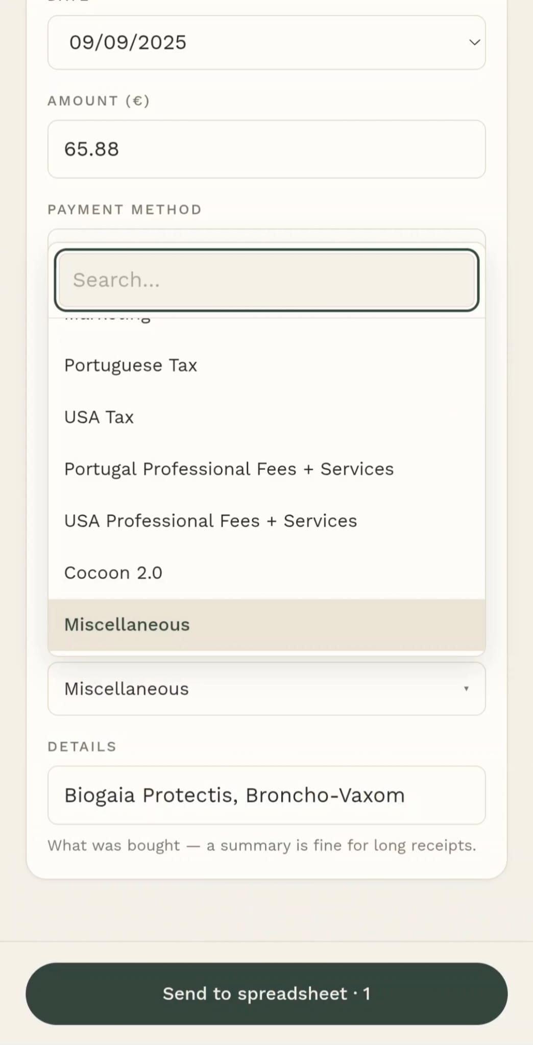 Cocoon extracted form: amount, a category dropdown, and a Details summary of what was bought.