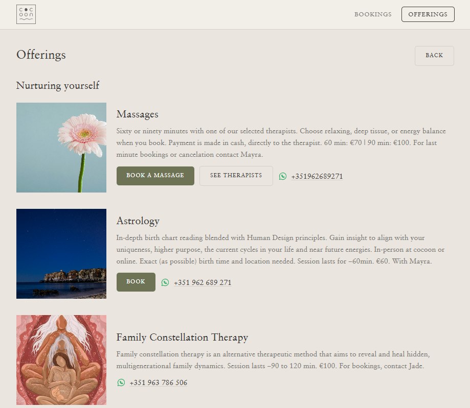 Cocoon offerings page under Nurturing yourself: massages, astrology and family constellation therapy, each on its own card.