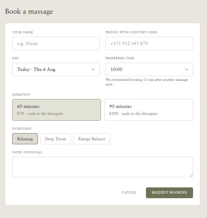 Book a massage form: name, phone, day, preferred time, 60 or 90 minutes, an intention and an optional note.