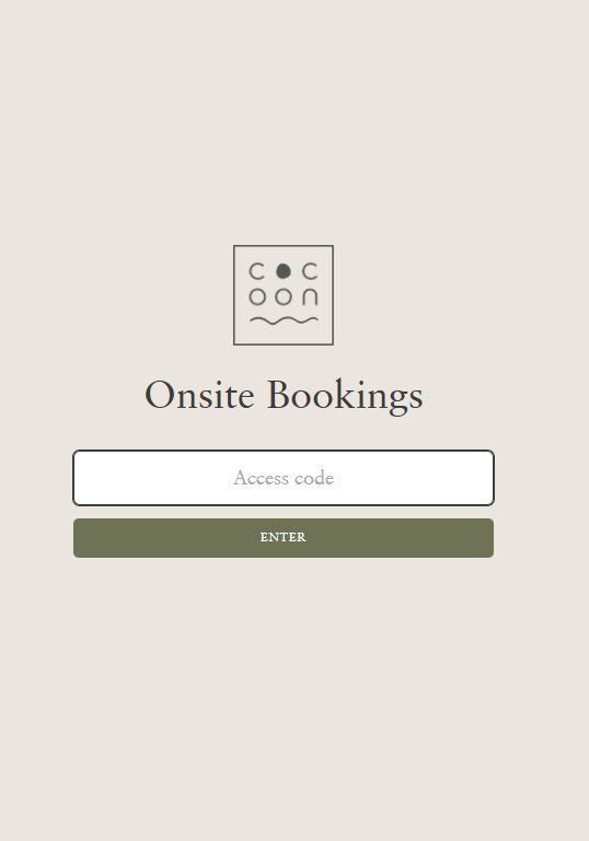 Cocoon Onsite Bookings login: the Cocoon logo above a single access code field and an Enter button.