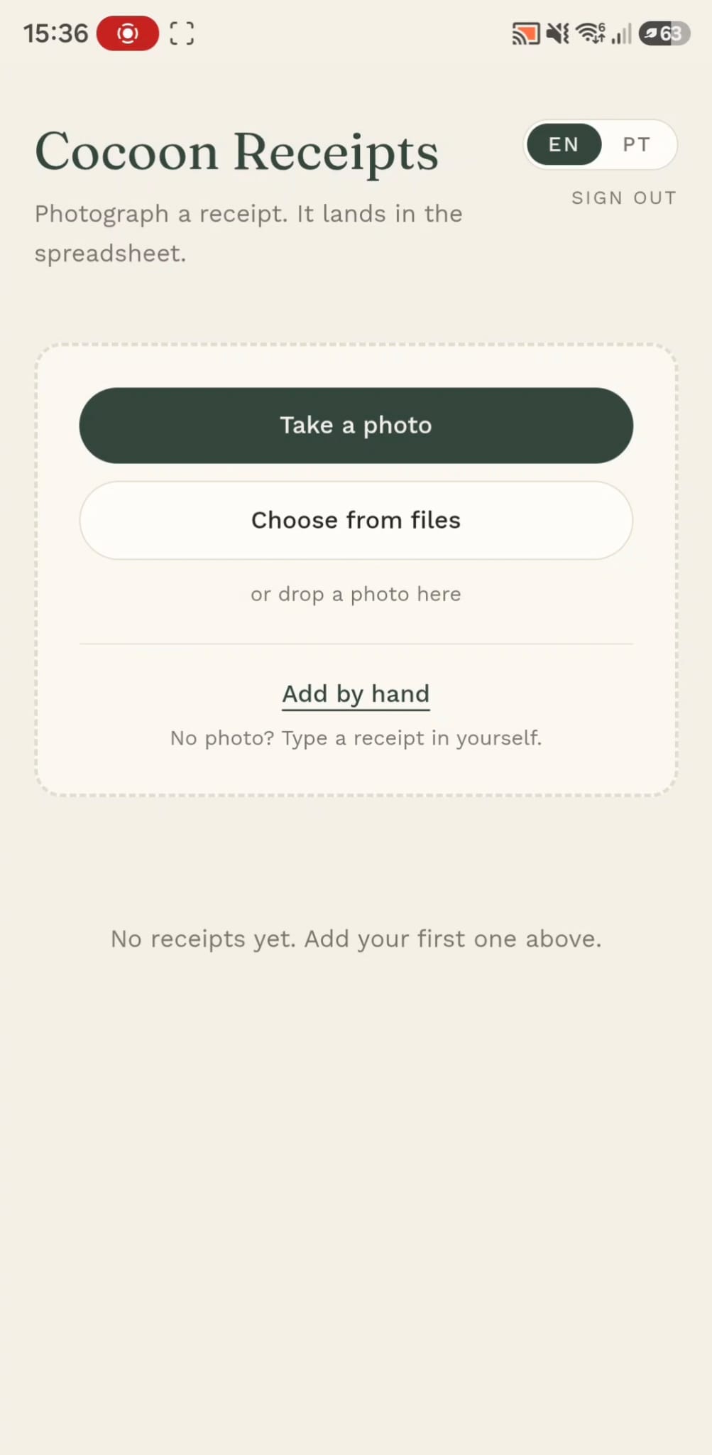 Cocoon home screen: Take a photo, Choose from files, or drop a receipt, plus Add by hand.