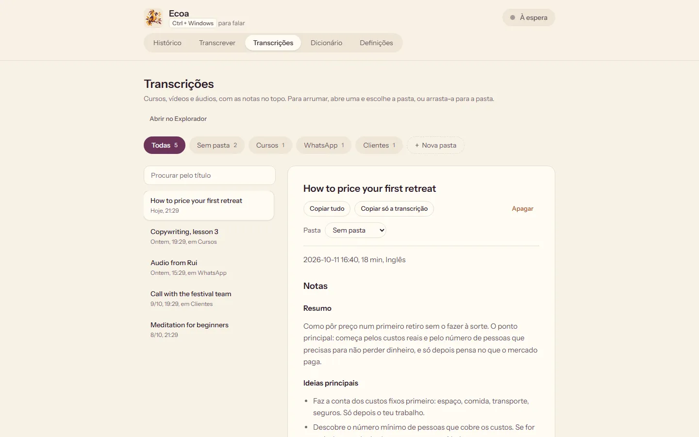 Ecoa on the computer: a transcript with the summary, the main ideas and what to apply on top.