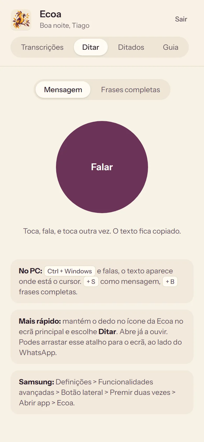Ecoa on a phone: the Dictate tab, with one big button to speak.