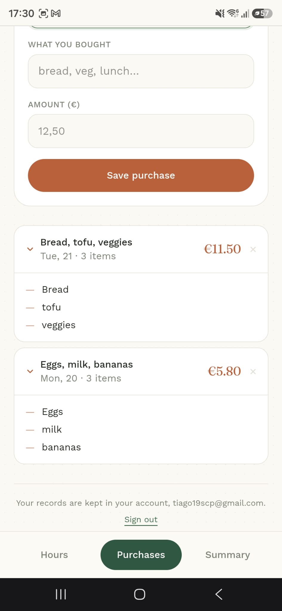 Gaia Purchases tab: logged grocery purchases with amounts and expandable item lists.
