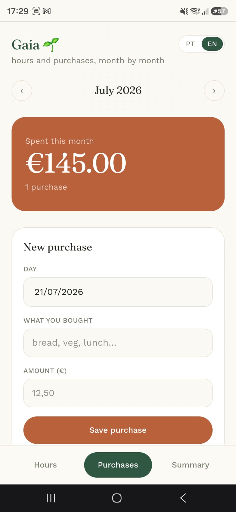 Gaia web app that logs shift clock-in/out across changing schedules and in-store spending, then computes the final paycheck from the hourly rate.