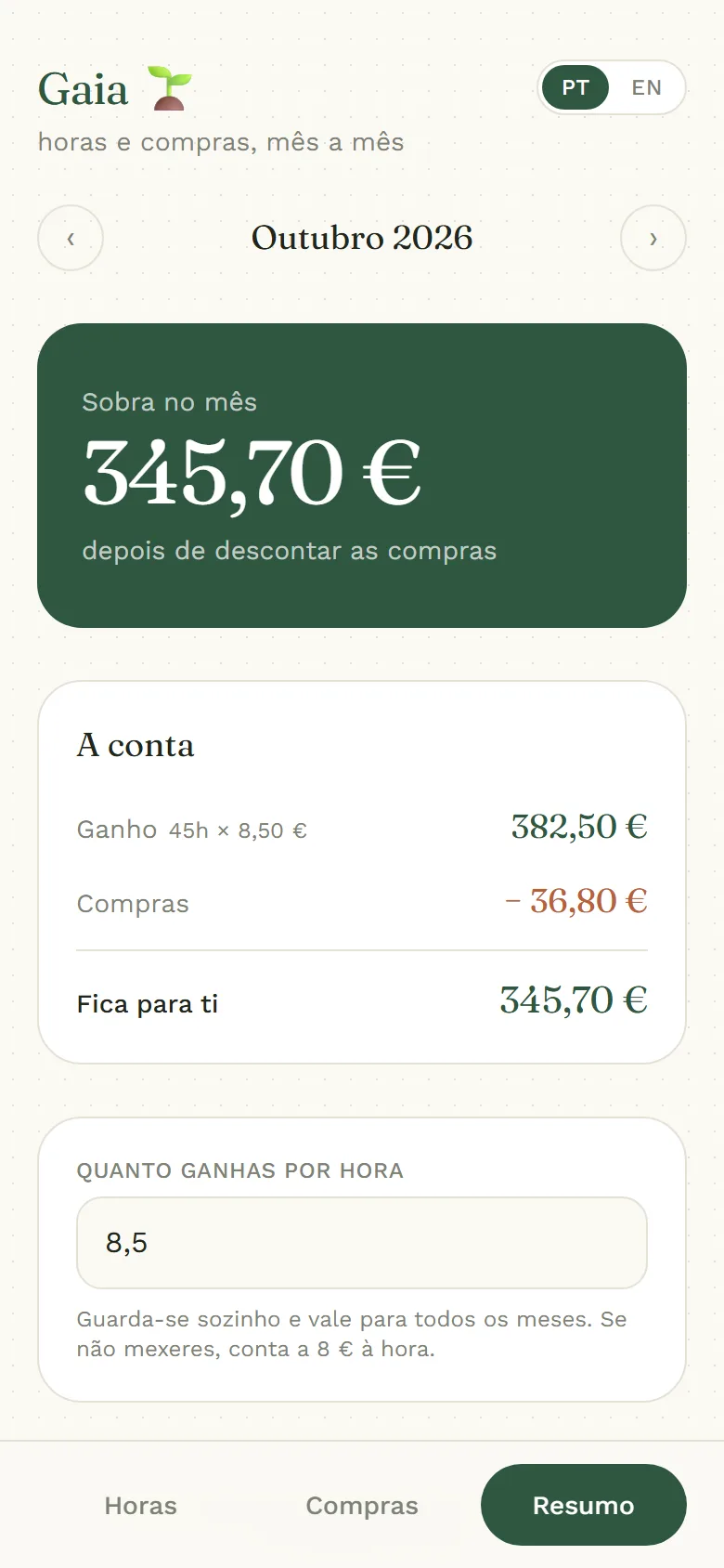 Gaia on a phone: what is left this month, hours times the rate minus the purchases.