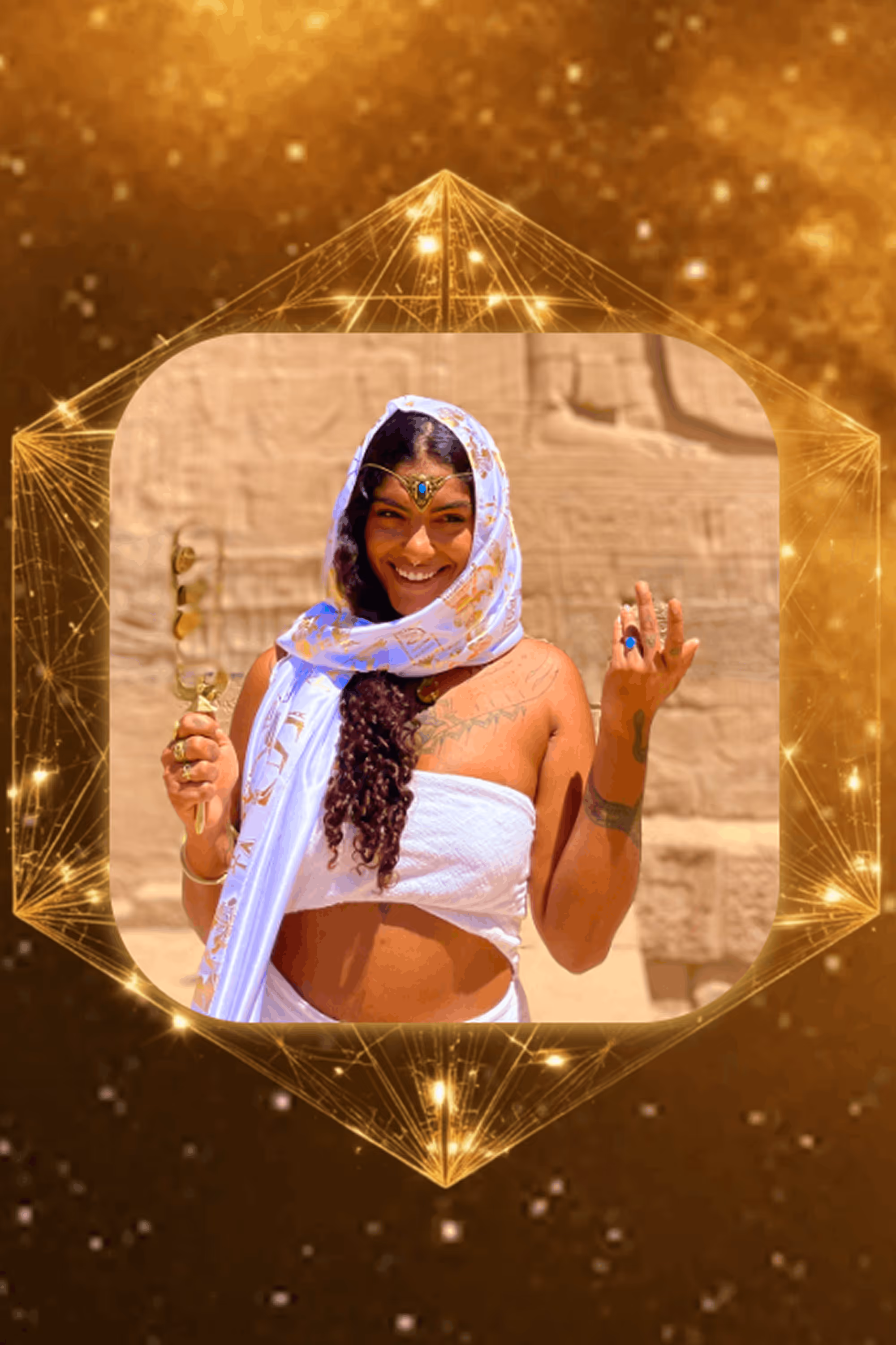 Smiling woman wearing a white headscarf and outfit, holding a golden staff, standing in front of ancient stone carvings with a glowing geometric design overlay.