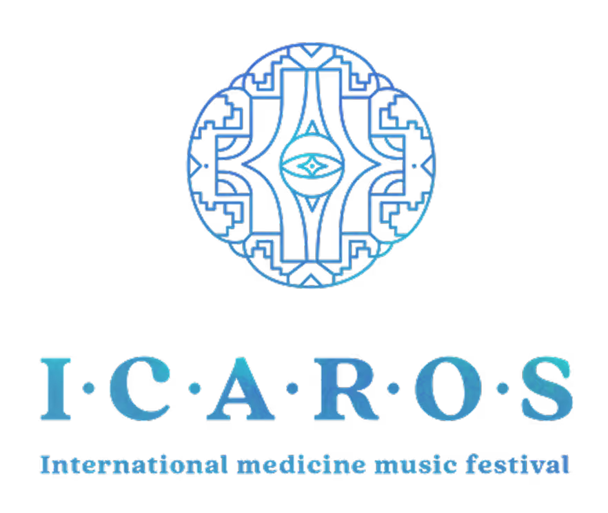 Logo with an abstract circular geometric design above the text 'I C A R O S' and the subtitle 'International medicine music festival' in blue gradient.