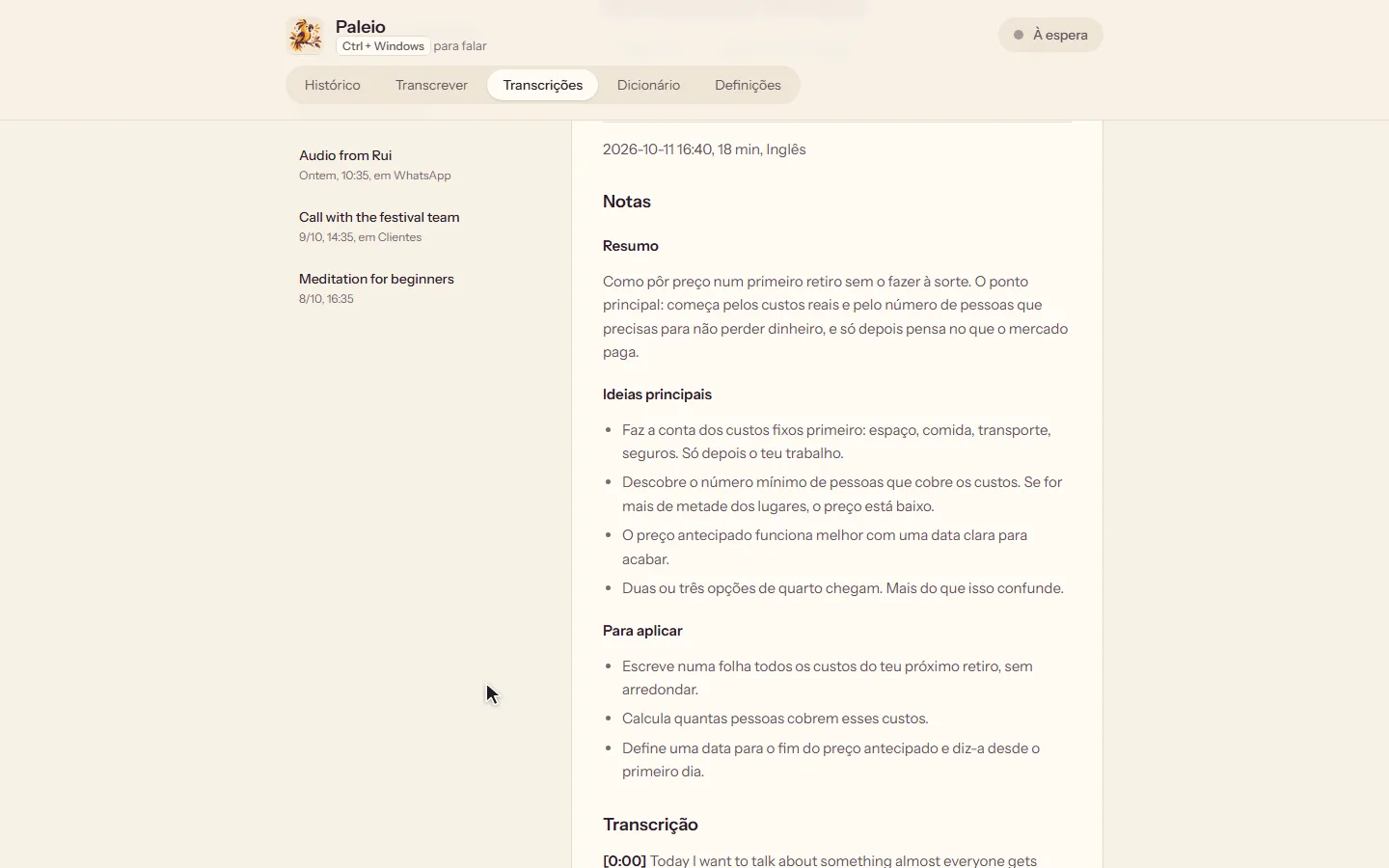 Paleio on the computer: a transcript with the summary, the main ideas and what to apply on top.