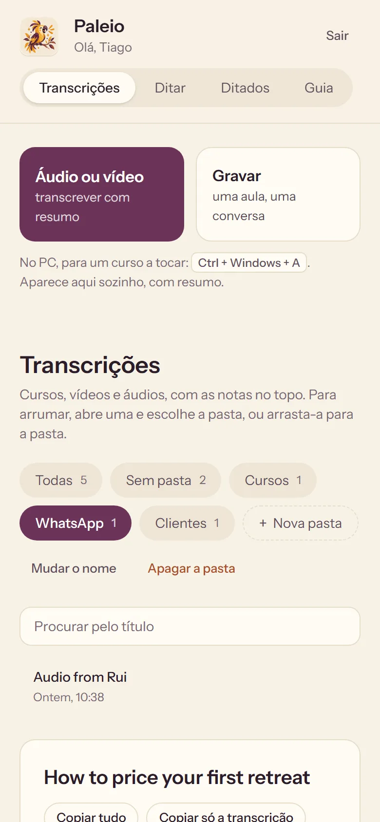 Paleio on a phone: the WhatsApp folder, with a voice note turned into text.