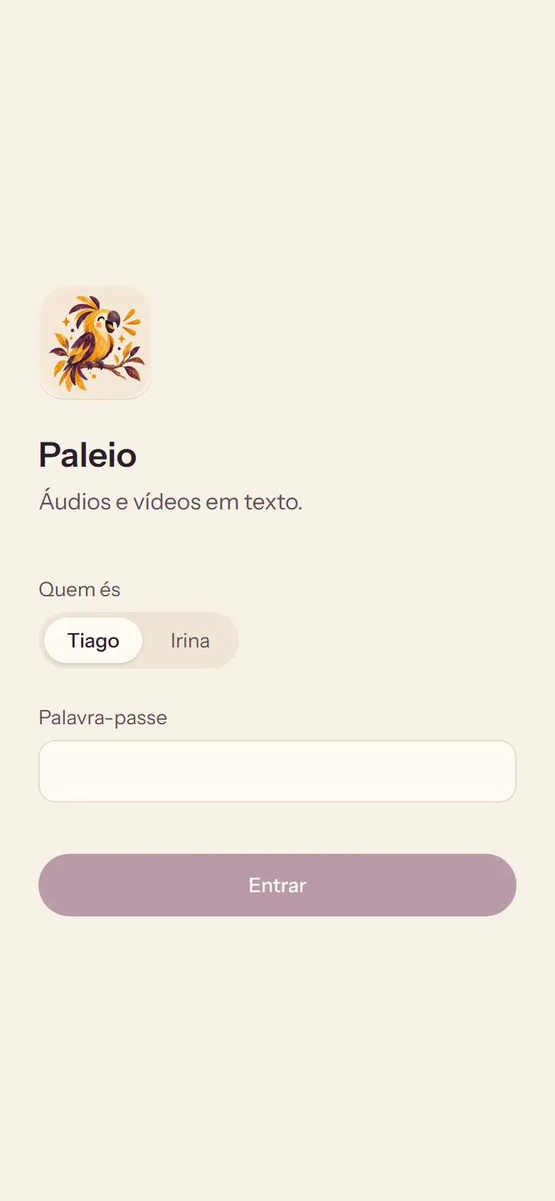 Paleio on a phone: choose Tiago or Irina and type the password.