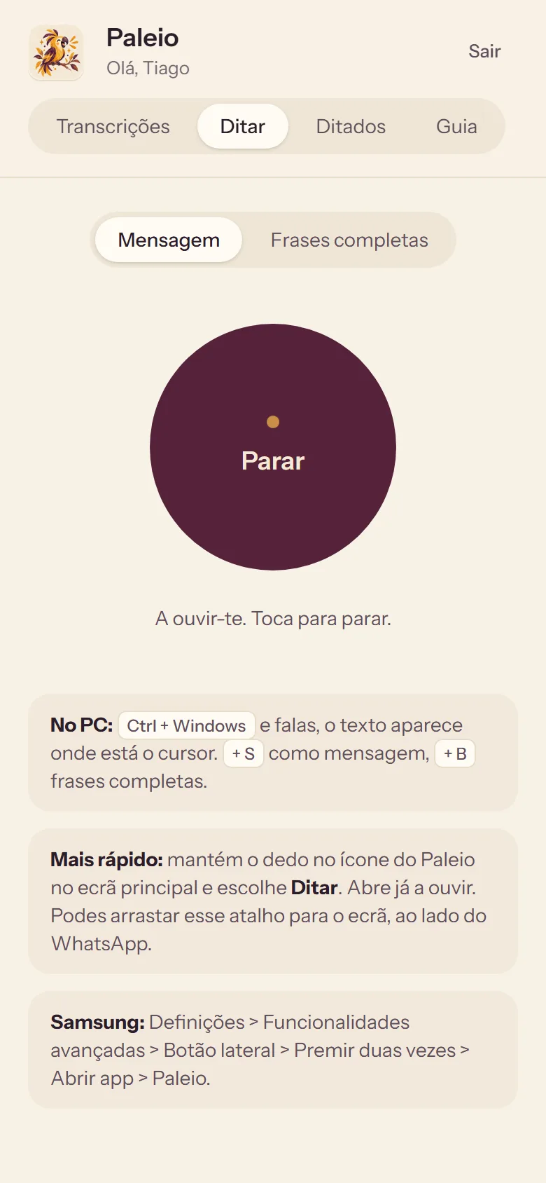 Paleio on a phone, listening, with the stop button.