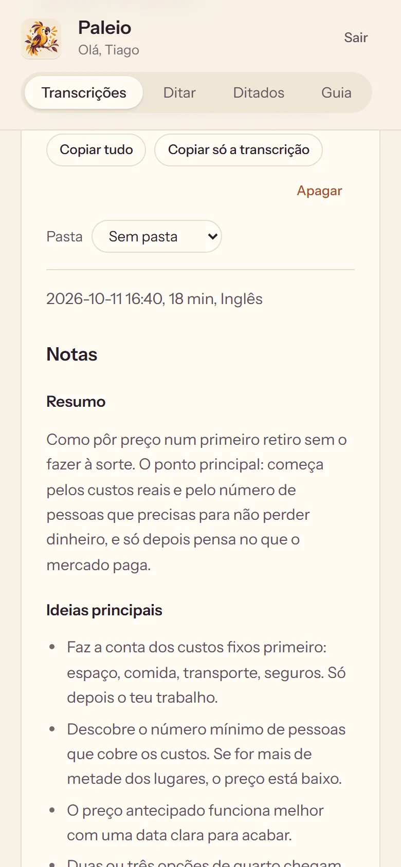 A transcript on the phone, with the summary and the main ideas on top.