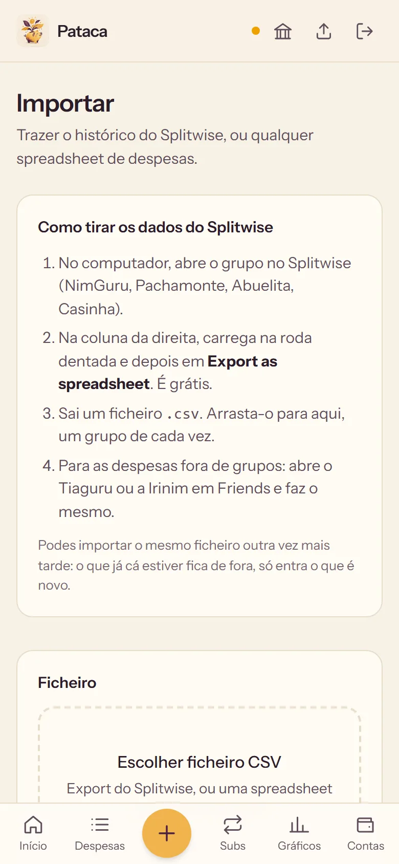 Pataca: bringing in the history from Splitwise, step by step.