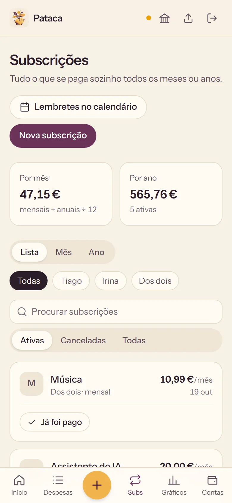 Pataca: the subscriptions with their monthly and yearly totals and the next dates.