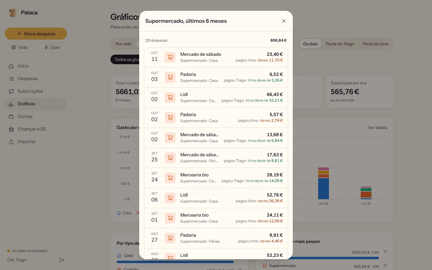 Pataca on a computer: six months of groceries, every expense with the shop, the date and who paid.