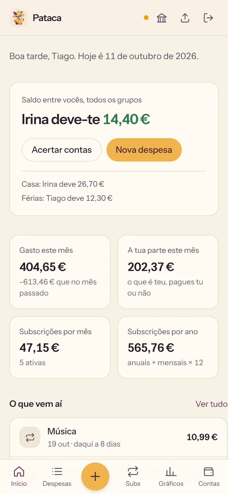 Pataca on a phone, with made-up numbers: who owes whom, this month’s spending and what is coming up.