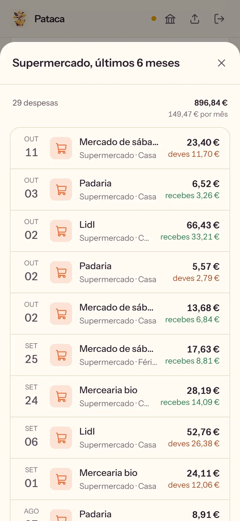 Pataca on a phone: six months of groceries, each expense with the shop and who paid.
