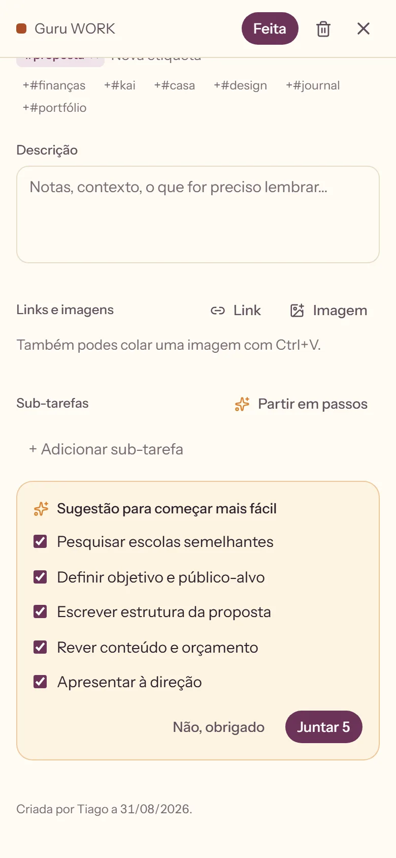 Penca: cinco passos pequenos sugeridos para uma proposta, cada um com uma caixa, à espera de serem juntados.