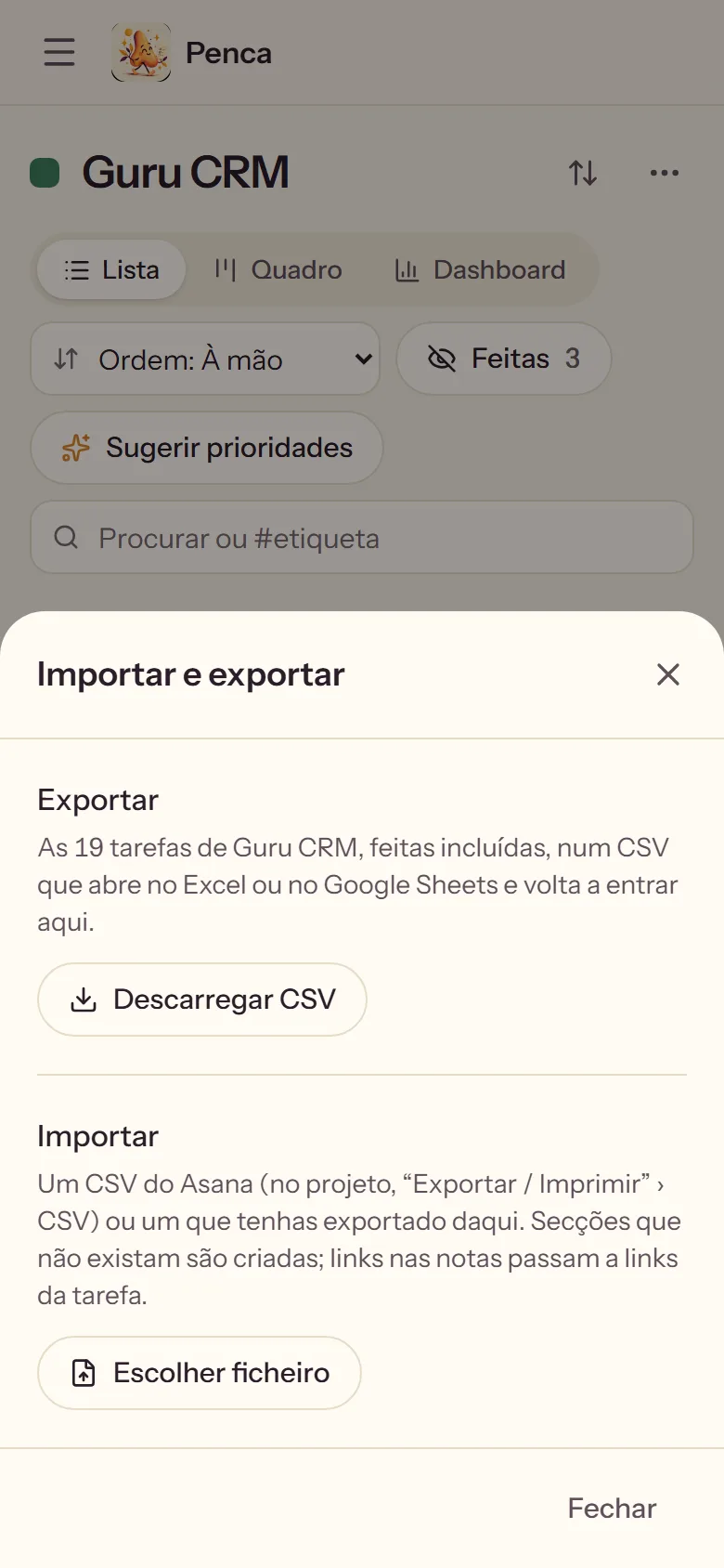 Penca: importar e exportar na lista de clientes, um CSV para o Excel e um CSV vindo do Asana.