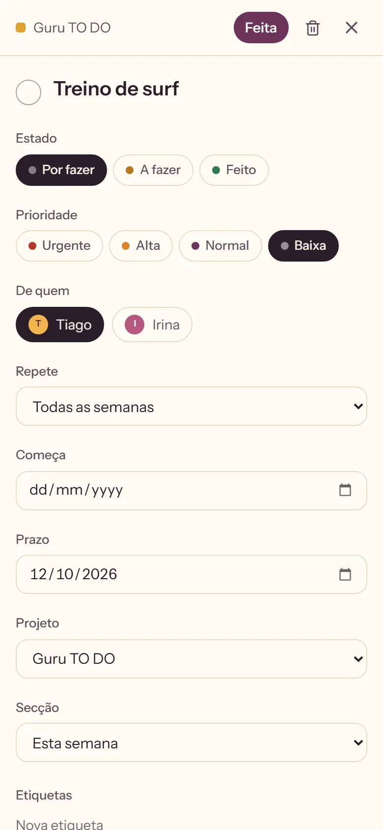 Penca: uma tarefa semanal, a repetir todas as semanas.