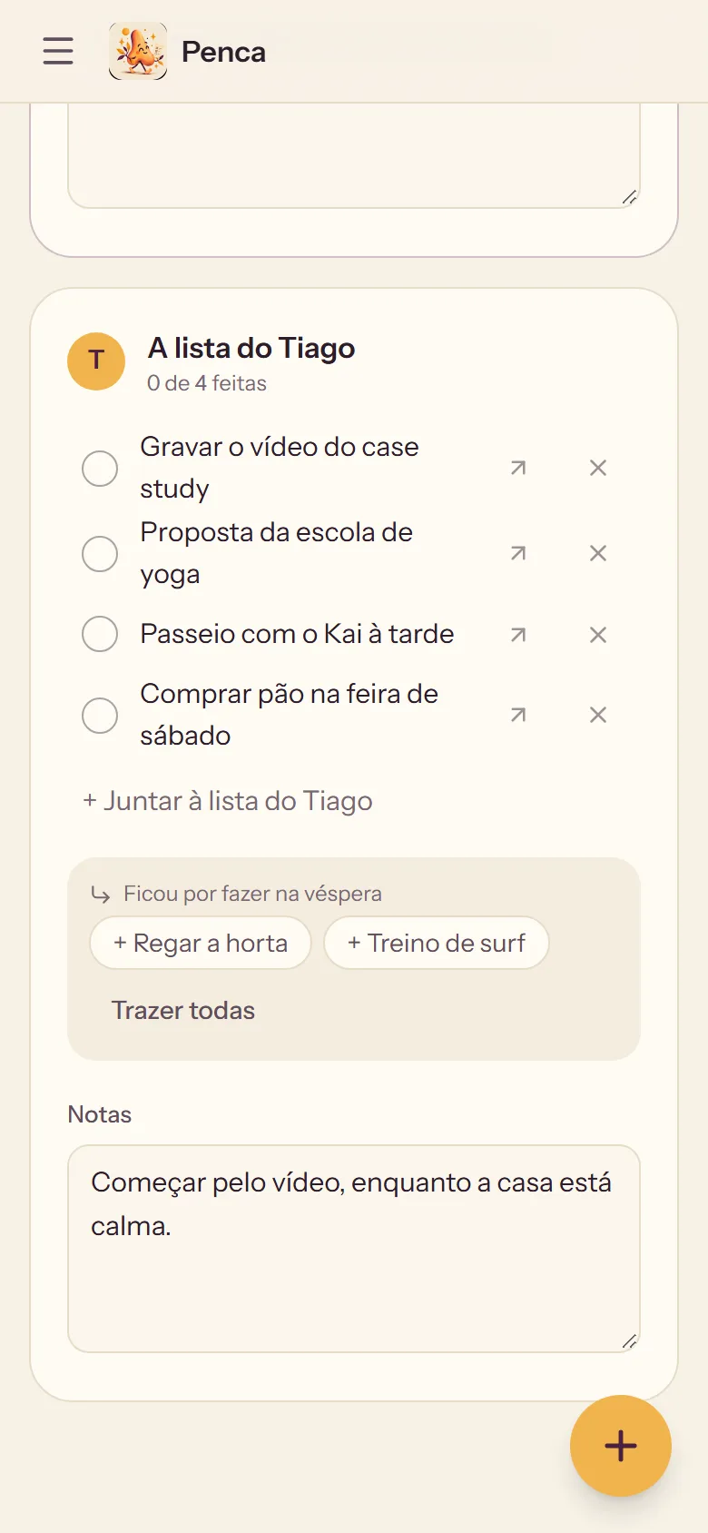 A Penca no telemóvel da Irina: a lista de amanhã do Tiago, com a linha que ela juntou no fim.