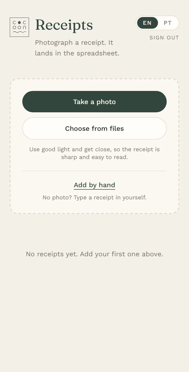 Cocoon Receipts on a phone: Take a photo, Choose from files, or Add by hand.