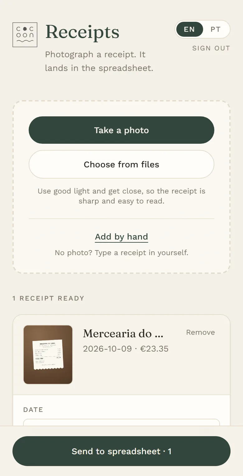 Cocoon Receipts on a phone: a made-up receipt, read into date, amount, shop and category.