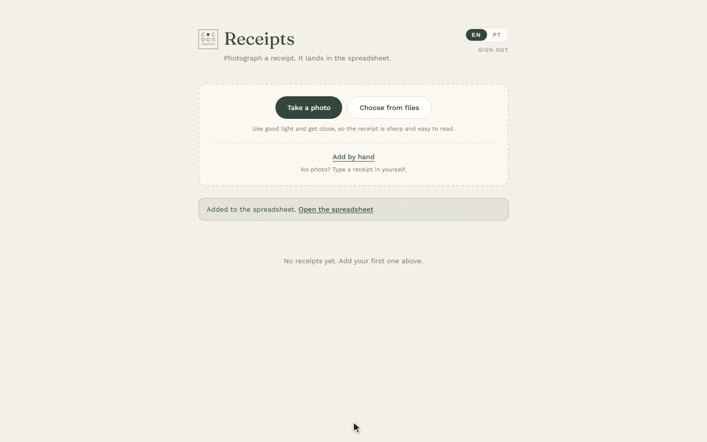 Cocoon Receipts on a computer: added to the spreadsheet, with a link to open it.