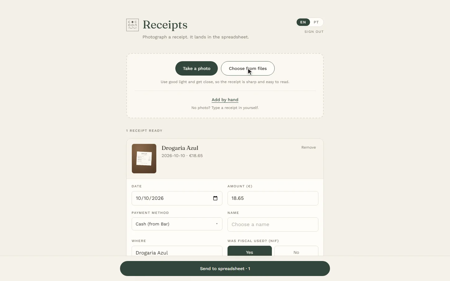 Cocoon Receipts on a computer: a made-up receipt from a file, read and ready to send.