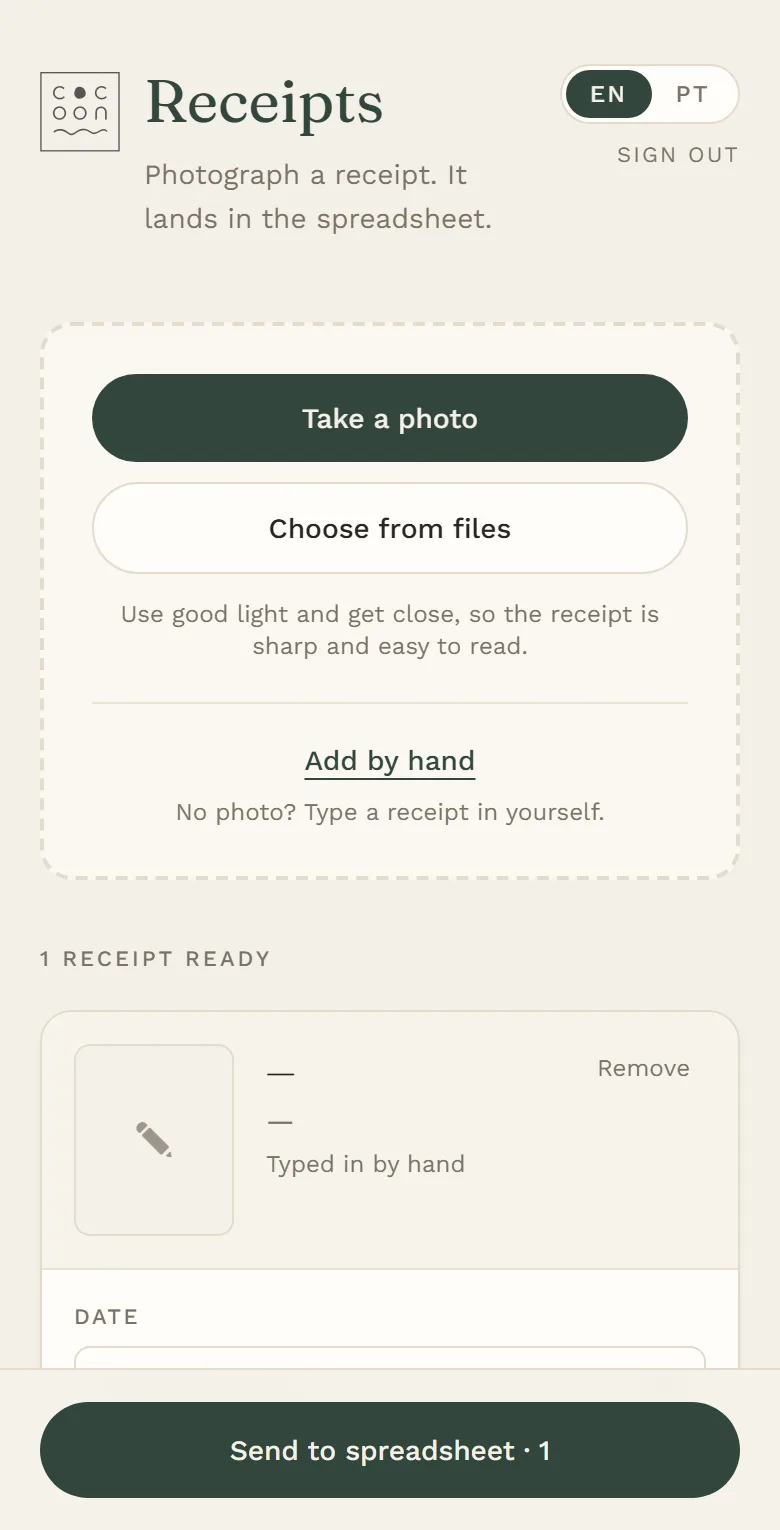 Cocoon Receipts on a phone: a receipt typed in by hand.