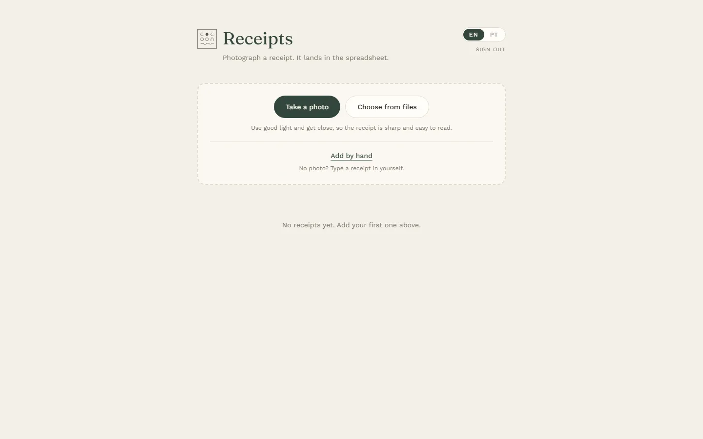 Cocoon Receipts on a computer: Take a photo, Choose from files, or Add by hand.