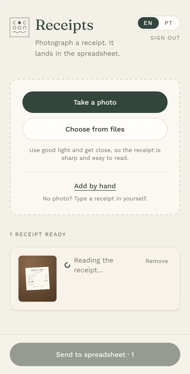 Cocoon Receipts on a phone: a made-up receipt being read.