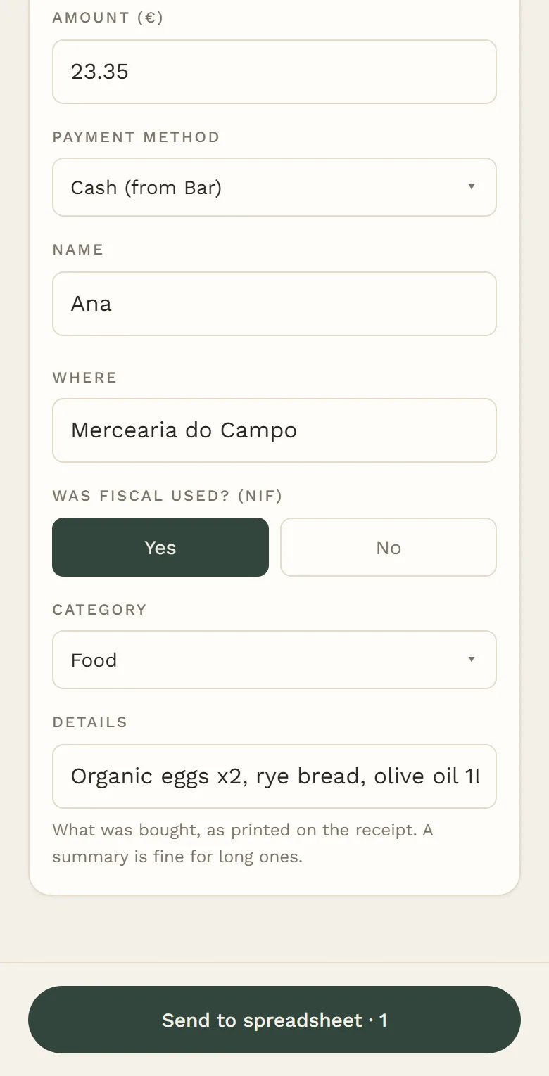 Cocoon Receipts on a phone: the amount, payment, name, shop, tax number and category, filled in.