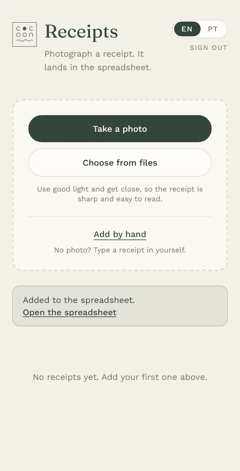 Cocoon Receipts on a phone: added to the spreadsheet, with a link to open it.