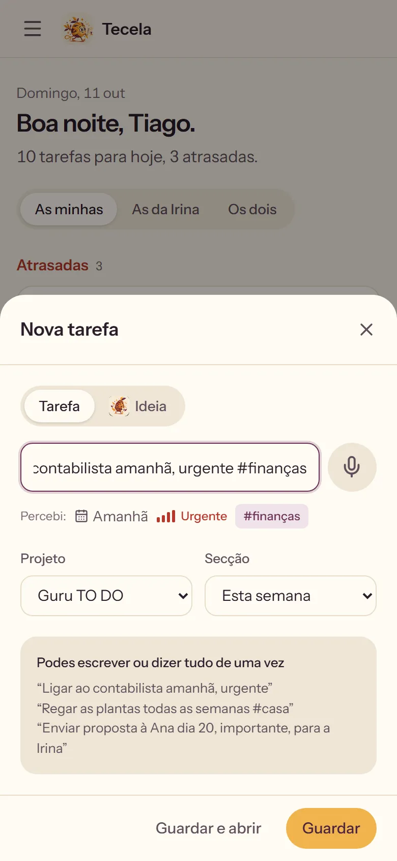 Tecela: a new task written as one sentence, with the date, the priority and the tag picked out underneath.