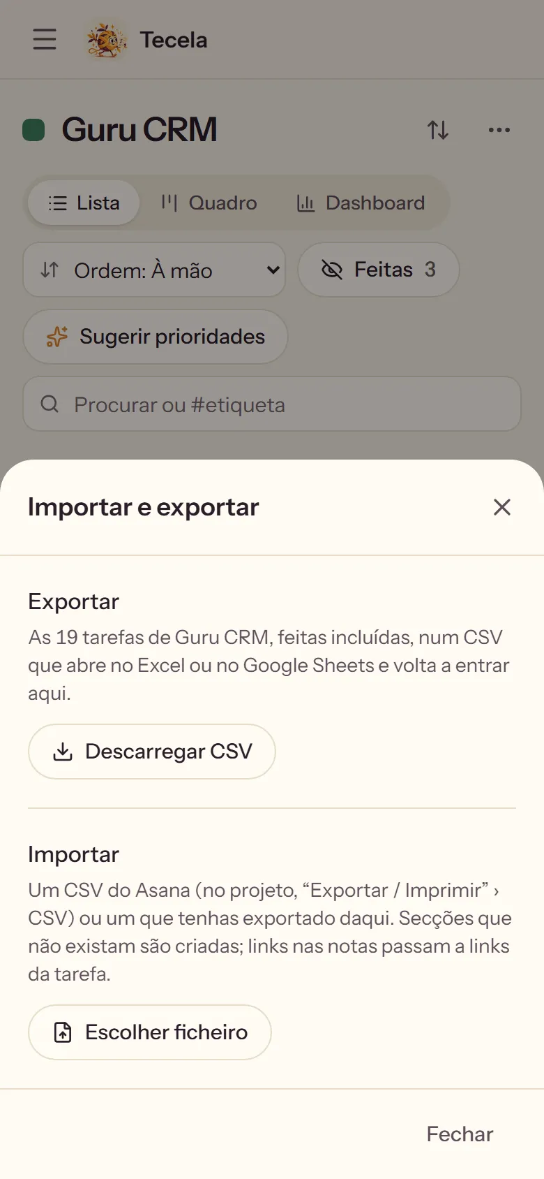 Tecela: import and export on the client list, a CSV out for Excel and a CSV in from Asana.