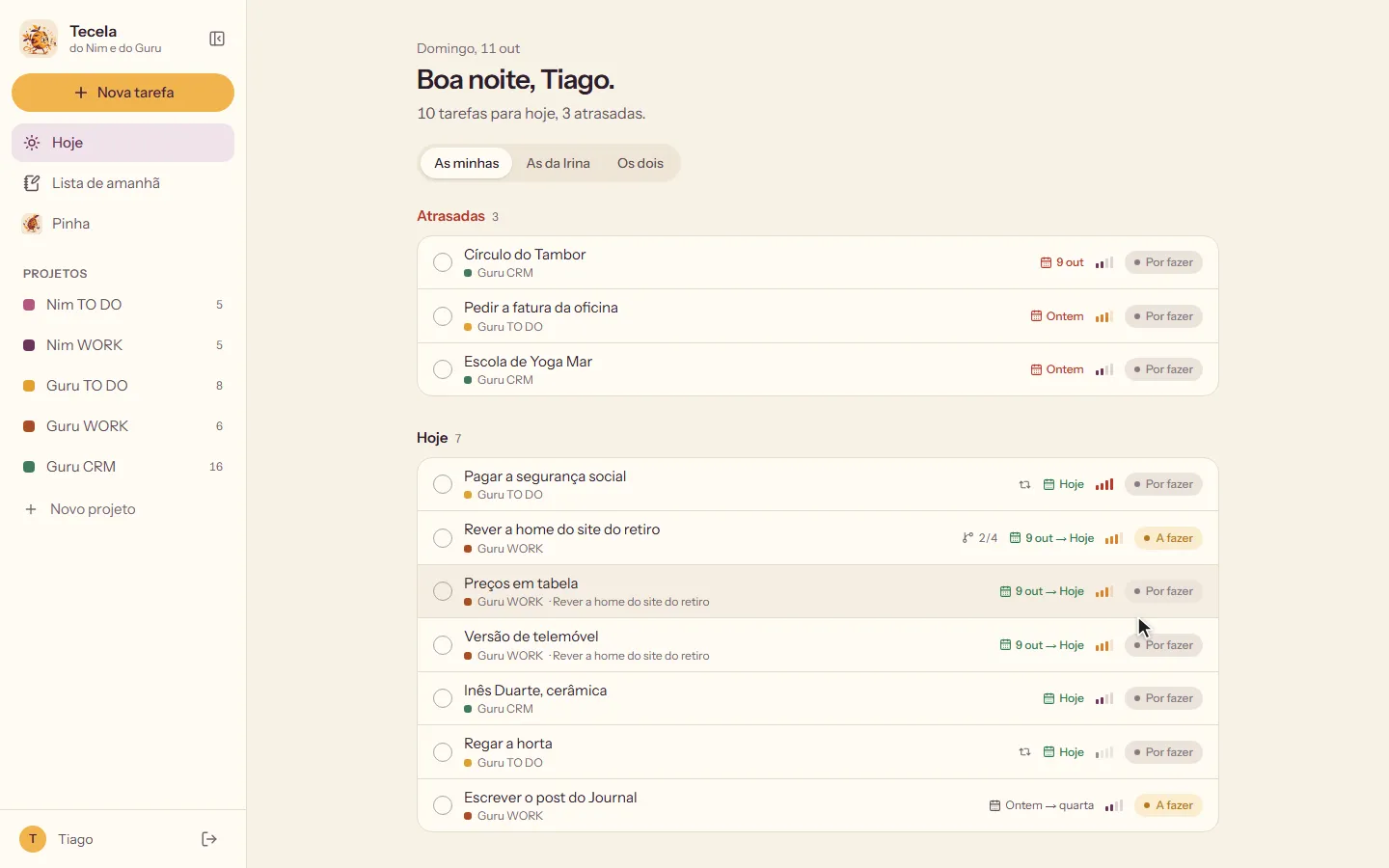 Tecela with made-up tasks: what is late, and what is for today